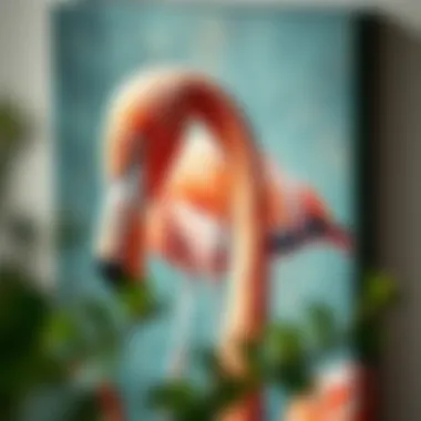 A close-up of a flamingo artwork emphasizing the texture and detail of the canvas.