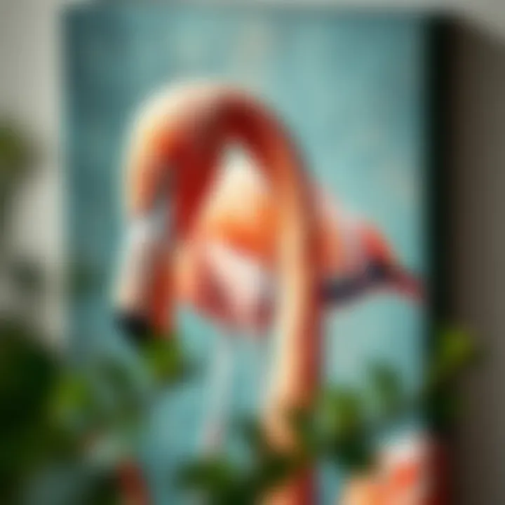 A close-up of a flamingo artwork emphasizing the texture and detail of the canvas.