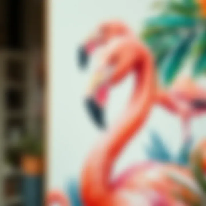 A vibrant flamingo painting showcasing intricate brush strokes and bold colors.