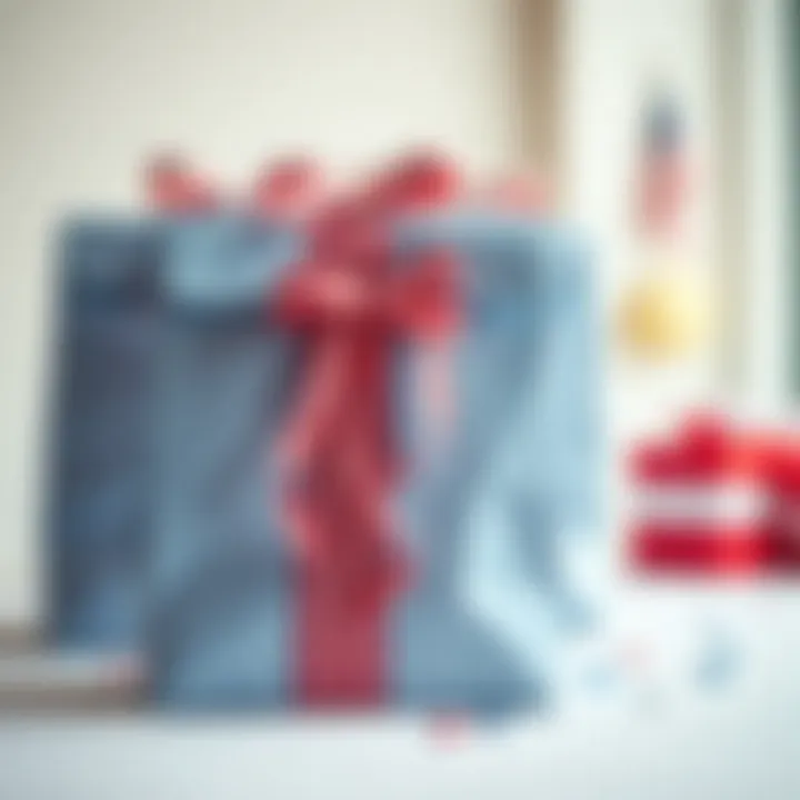 An elegantly wrapped gift bag with a festive ribbon and themed decorations