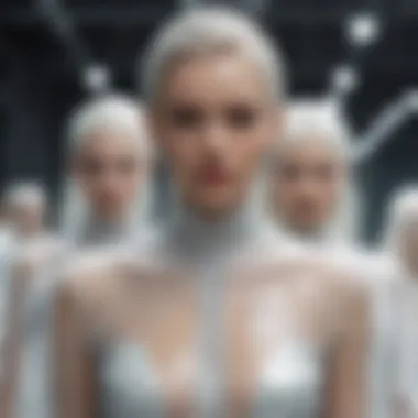 An avant-garde runway showcasing models in ghost-inspired outfits, highlighting the fusion of traditional and modern elements.