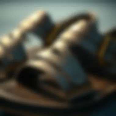 Close-up of the unique finish of gunmetal color sandals