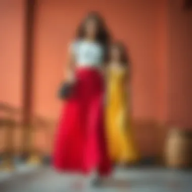 A color palette representing various styles of high waist long skirts and crop tops