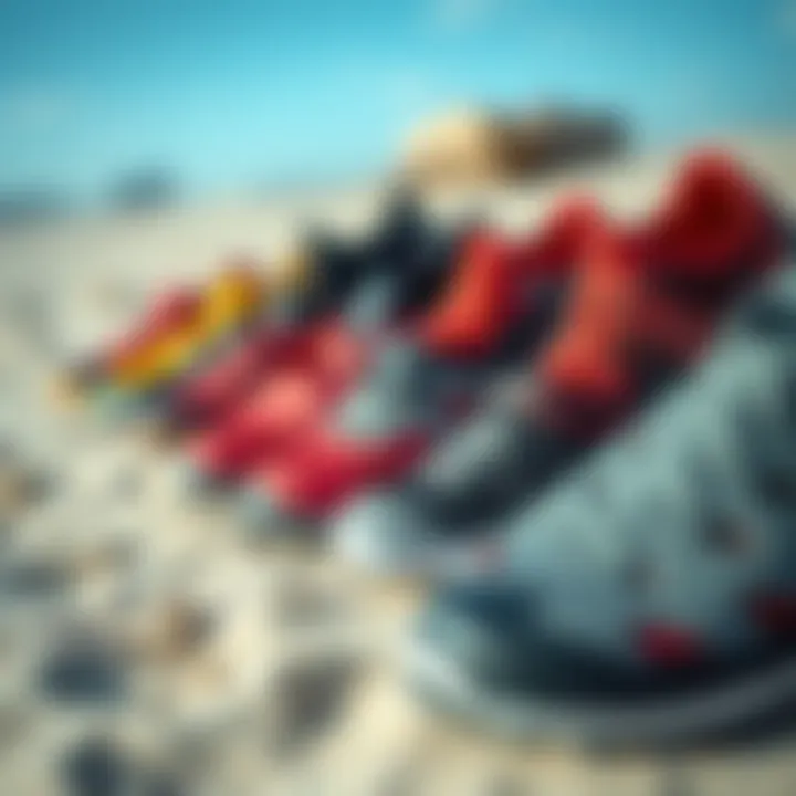 Diverse Styles of Water Shoes An array of different styles of water shoes arranged on a sandy surface.