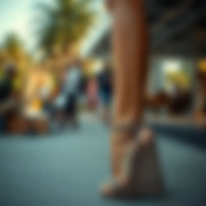 Stylish woman wearing leopard open toe wedges at an outdoor event