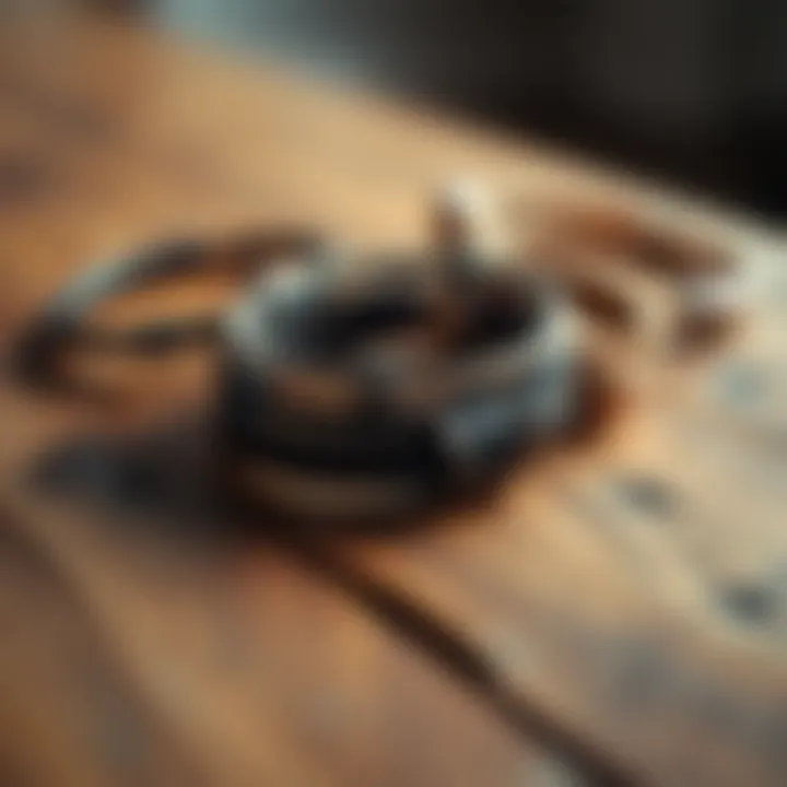 A stylish arrangement of various minimalist bracelets on a natural wooden surface