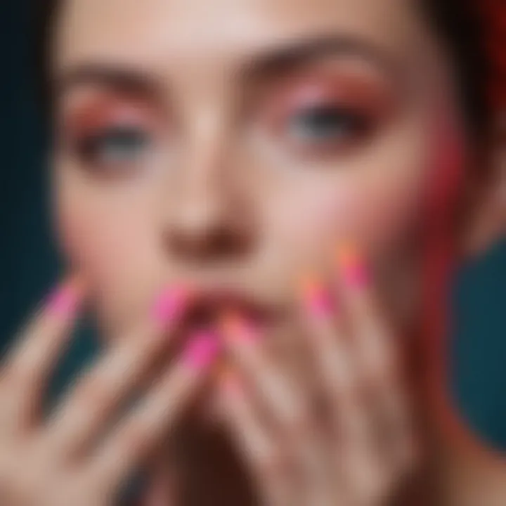 Close-up of neon pigment application on nails