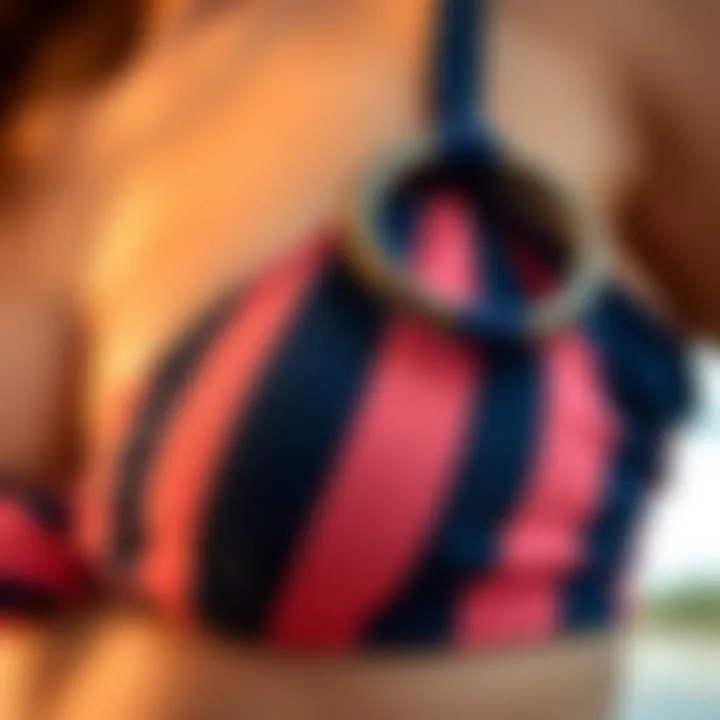 Close-up of the unique design and fabric of the O ring bandeau bikini top