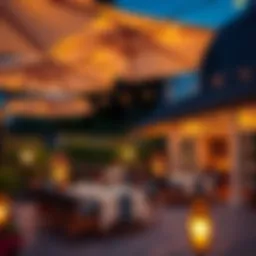 Elegant outdoor setting illuminated by umbrella string lights