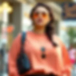 A stylish peach-colored plus-size top paired with chic accessories.