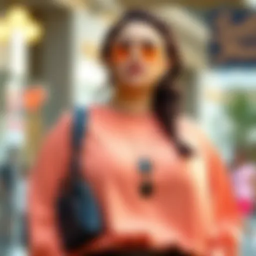 A stylish peach-colored plus-size top paired with chic accessories.