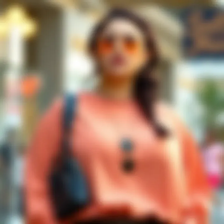 A stylish peach-colored plus-size top paired with chic accessories.