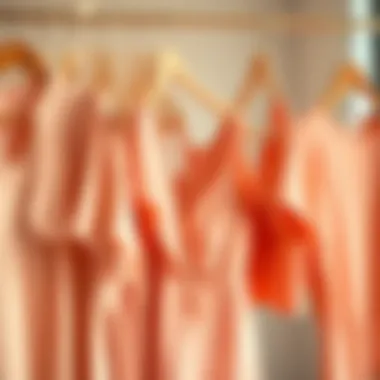 A curated collection of peach tops displayed on hangers in a bright setting.