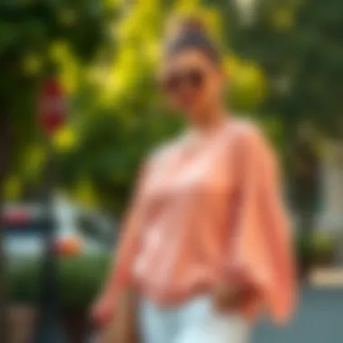An elegant peach-colored top styled for a summer outing.