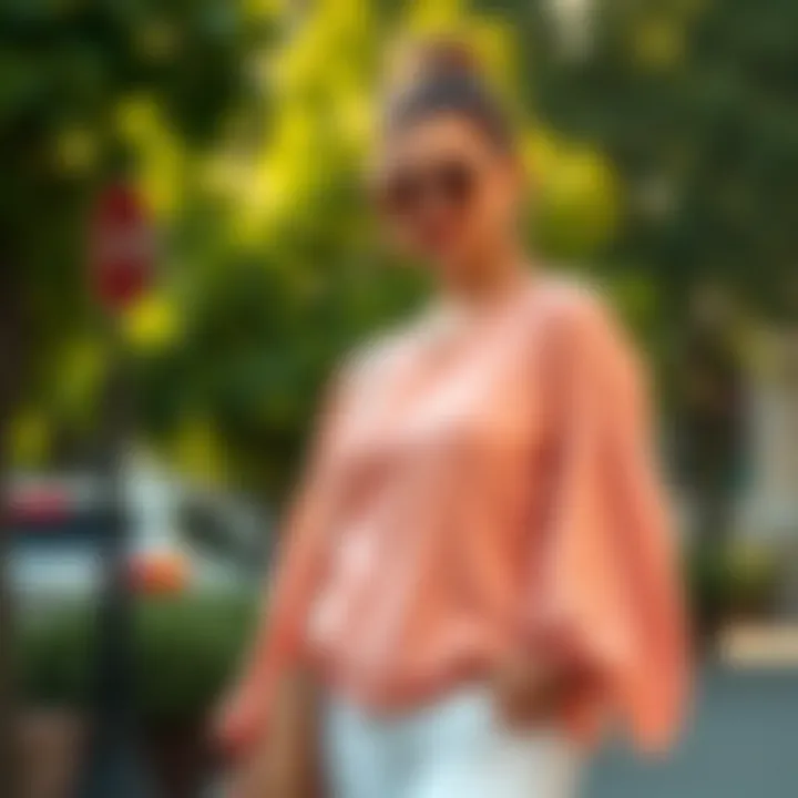 An elegant peach-colored top styled for a summer outing.