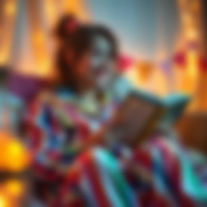 Cozy Moment in Rainbow Pajamas Woman enjoying a cozy moment in rainbow pajamas with a book