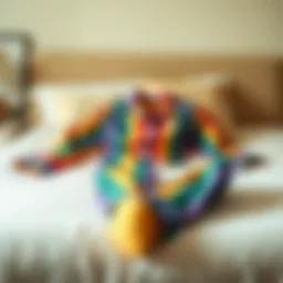 Vibrant rainbow pajama set draped elegantly on a bed