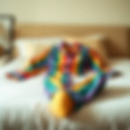 Vibrant Rainbow Pajama Set Vibrant rainbow pajama set draped elegantly on a bed