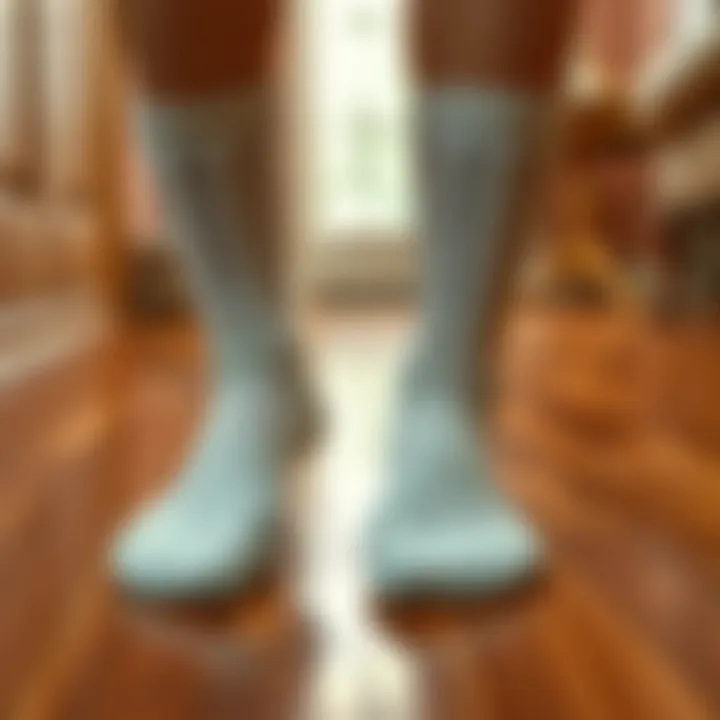 Feet wearing socks on a polished hardwood surface