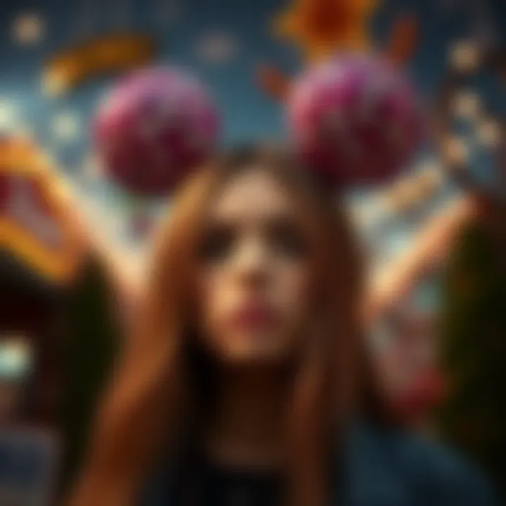 An artistic representation of a person wearing sequin Disney ears against a whimsical backdrop.