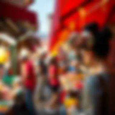 A vibrant market scene featuring vendors selling customized sequin Disney ears.