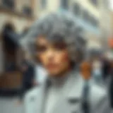 A fashionable model showcasing a short curly salt and pepper wig, highlighting its texture and volume.