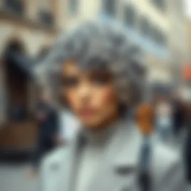 A fashionable model showcasing a short curly salt and pepper wig, highlighting its texture and volume.