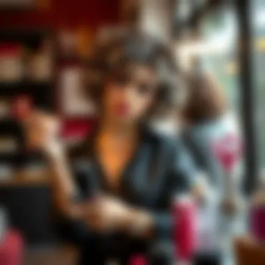 A stylist presenting maintenance tips for short curly salt and pepper wigs, showcasing tools and products.