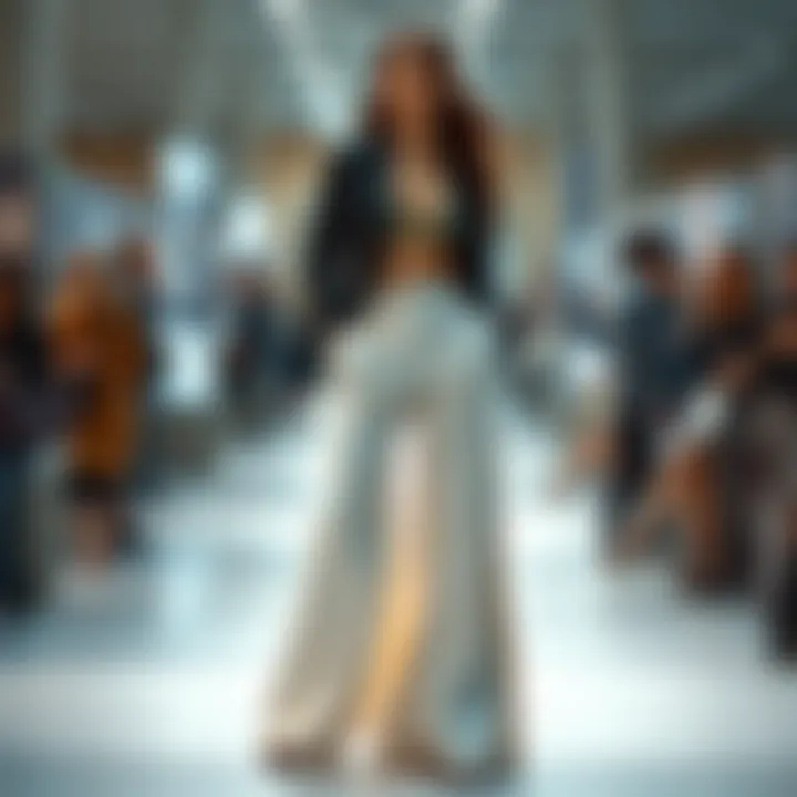 Cultural representation of slit wide leg pants in a fashion exhibition