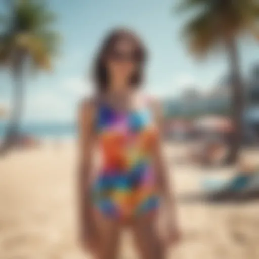 Colorful summer one-piece jumper displayed on a sunny beach