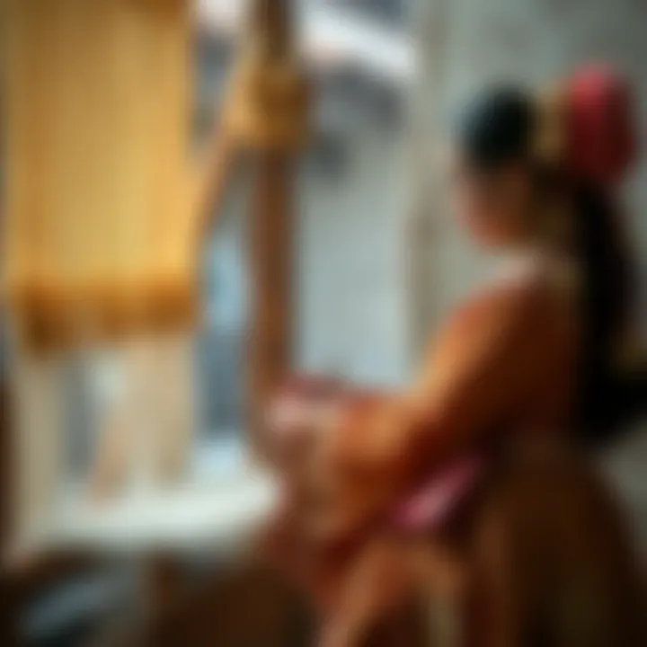 Historical depiction of traditional tassel tapestry weaving techniques