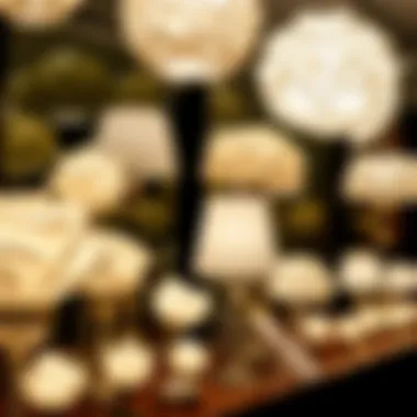 Various styles of white rose lamps on display