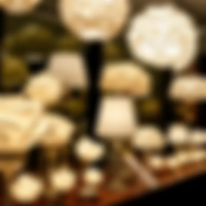 Various styles of white rose lamps on display