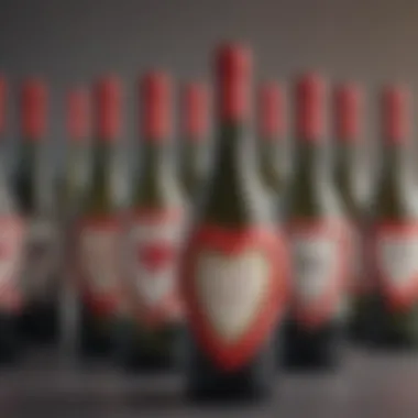 Heart-shaped wine bottles adorned with decorative labels for special occasions