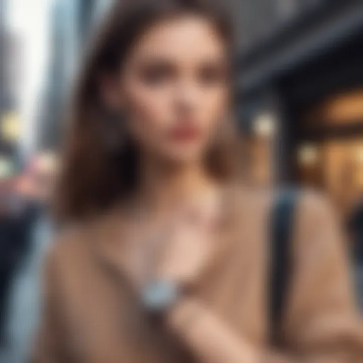 A stylish individual wearing an AirTag bracelet in an urban setting.