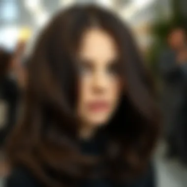 Intricate Styling of Dark Brown Wig Close-up of dark brown shoulder length wig with intricate styling