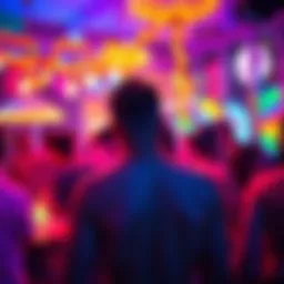 A vibrant neon glow party with colorful lights and decorations