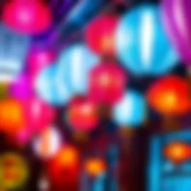Vibrantly lit neon paper lanterns hanging in a festive display