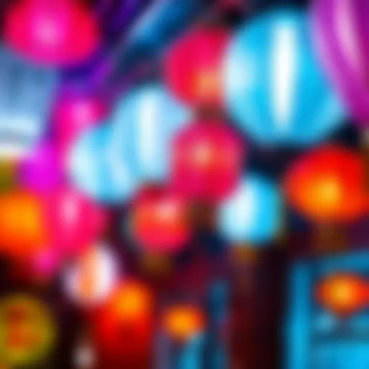 Vibrantly lit neon paper lanterns hanging in a festive display
