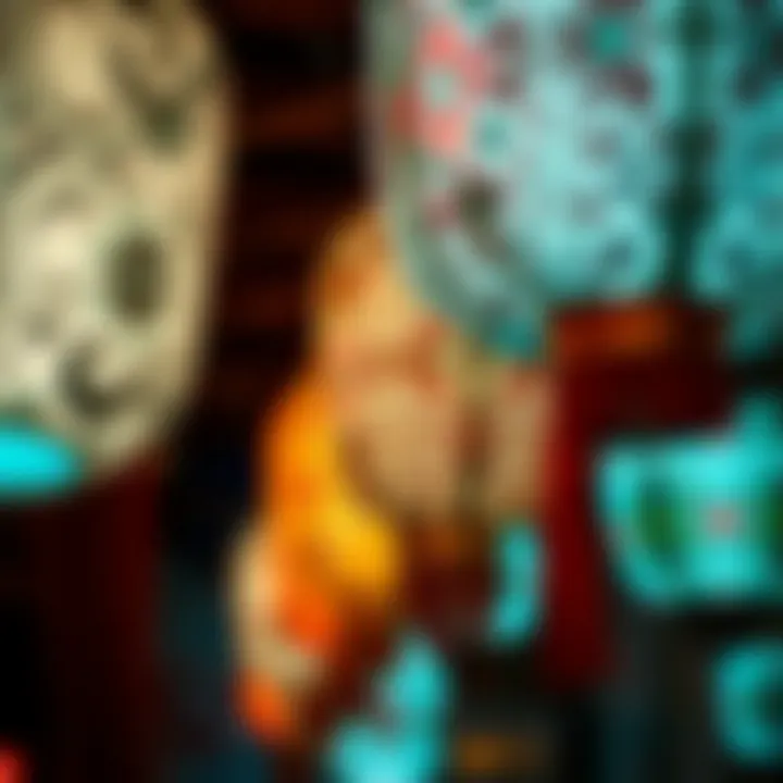 Close-up of intricate designs on neon paper lanterns