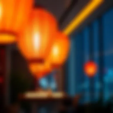 Neon paper lanterns illuminating a modern interior space