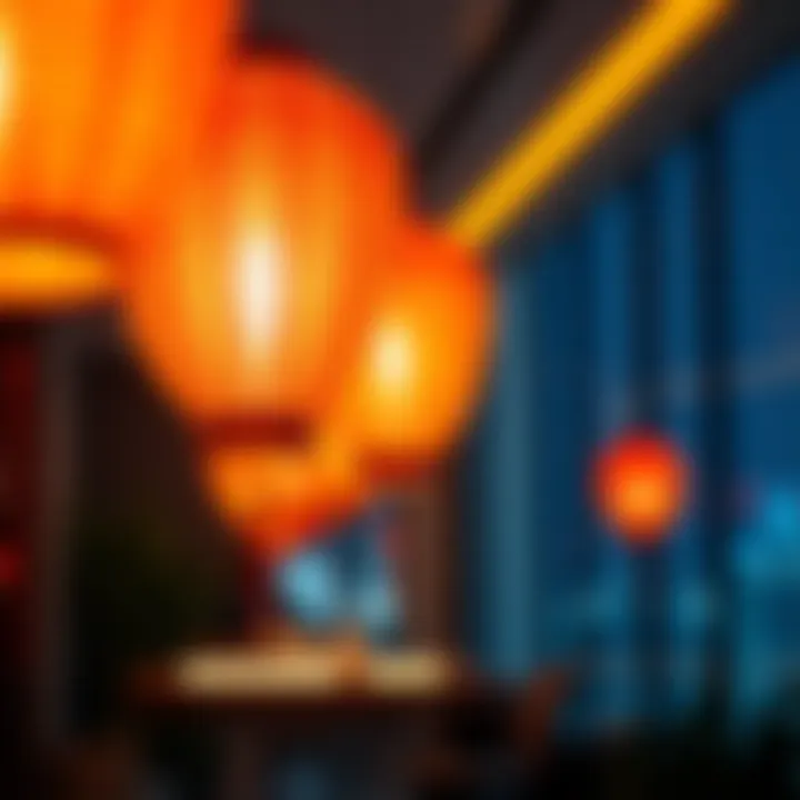 Neon paper lanterns illuminating a modern interior space