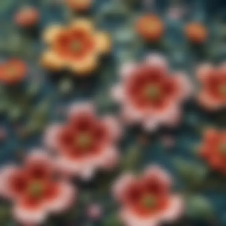 A close-up view of intricate small flower appliques showcasing diverse embroidery techniques.