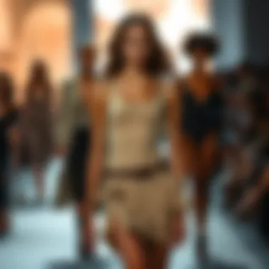 A fashion runway featuring models in diverse interpretations of the beige bodysuit, showcasing its adaptability.