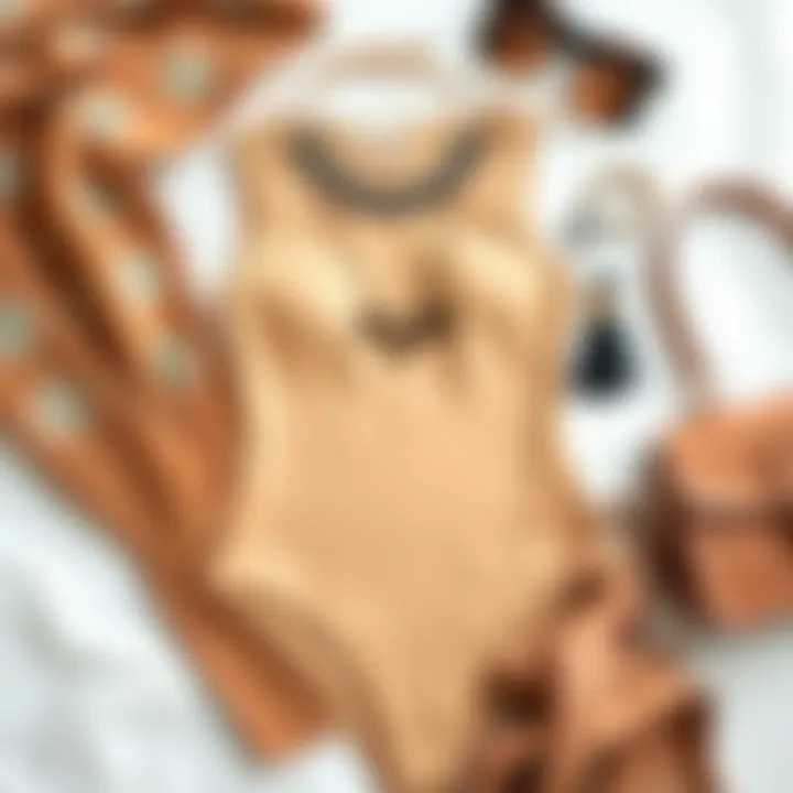 Flat lay of a beige bodysuit accompanied by accessories like a statement necklace and stylish handbag.