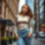 A model showcasing a beige long sleeve bodysuit paired with high-waisted jeans in an urban setting.