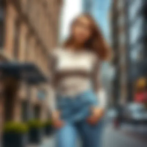 A model showcasing a beige long sleeve bodysuit paired with high-waisted jeans in an urban setting.