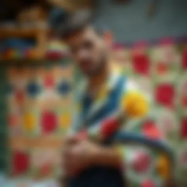 Craftsman showcasing quilting techniques with vibrant fabrics