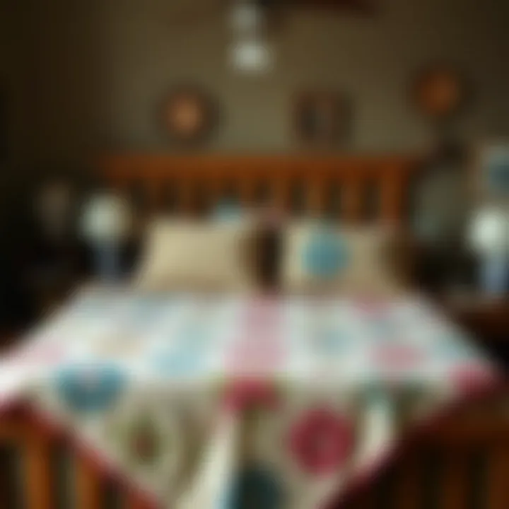 A beautifully arranged vintage quilt atop a rustic bed