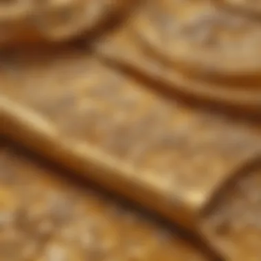 Close-up of intricate floral patterns on gold fabric